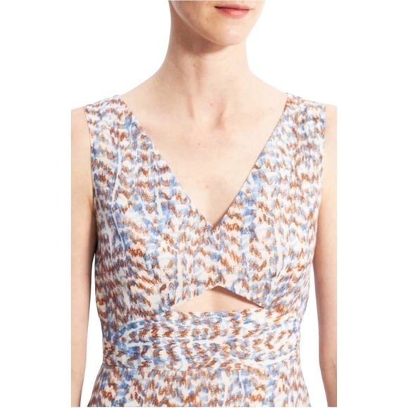 THEORY Abstract Print A-Line Sleeveless V-Neck Cut-Out Cocktail Midi Dress NEW - Picture 8 of 15